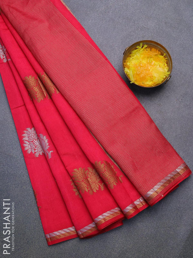 Semi raw silk saree dark pink with thread & zari woven floral buttas and woven border