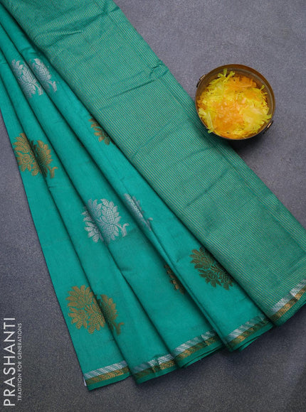 Semi raw silk saree teal green with thread & zari woven floral buttas and woven border