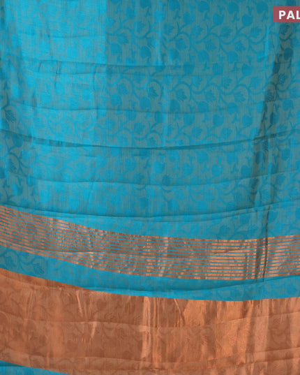 Semi raw silk saree teal blue with allover self emboss and copper zari woven simple border