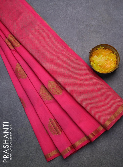 Semi raw silk saree pink with zari woven buttas and small zari woven border