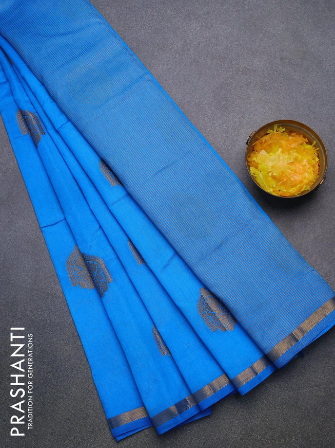 Semi raw silk saree cs blue with zari woven buttas and small zari woven border