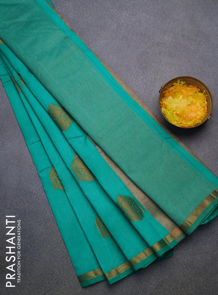 Semi raw silk saree teal green with zari woven buttas and small zari woven border