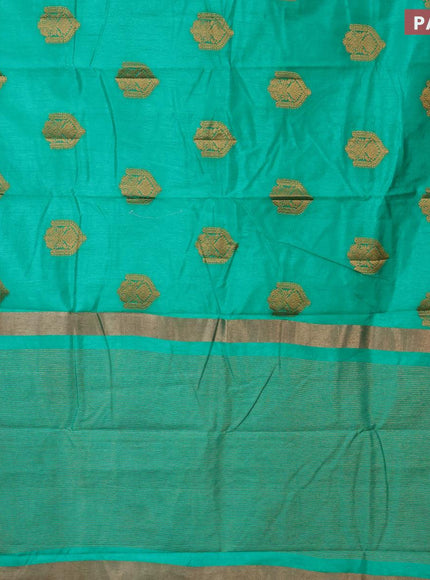 Semi raw silk saree teal green with zari woven buttas and small zari woven border