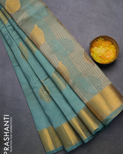 Semi raw silk saree pastel shade of blue with thread & zari woven leaf buttas and zari woven border