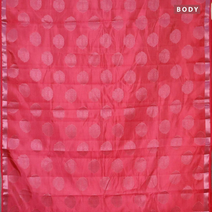 Semi raw silk saree pink with allover pink zari woven buttas and small pink zari woven border