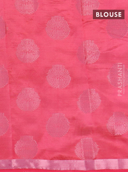 Semi raw silk saree pink with allover pink zari woven buttas and small pink zari woven border