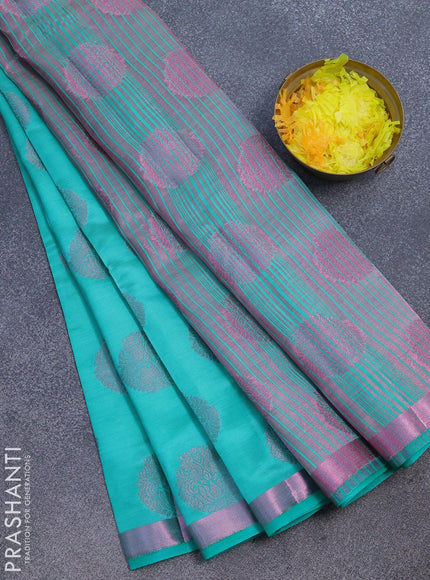 Semi raw silk saree teal green with allover pink zari woven buttas and small pink zari woven border