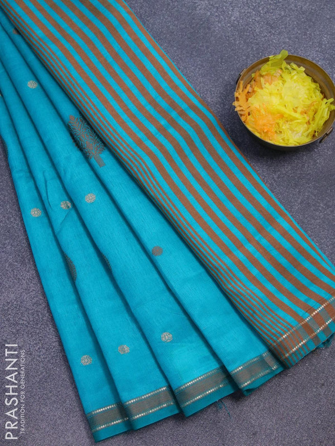 Semi raw silk saree teal blue with thread & zari woven buttas and small zari woven border