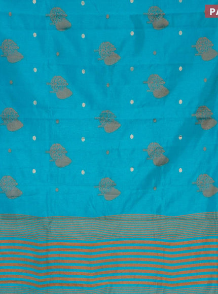 Semi raw silk saree teal blue with thread & zari woven buttas and small zari woven border