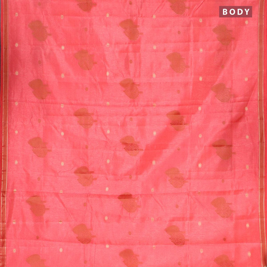 Semi raw silk saree peach pink with thread & zari woven buttas and small zari woven border