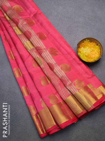 Semi raw silk saree pink with thread & zari woven paisley buttas and zari woven border