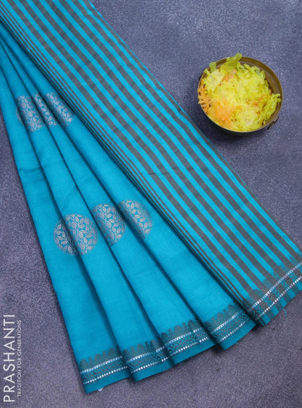 Semi raw silk saree teal blue with thread & silver zari woven buttas and woven border