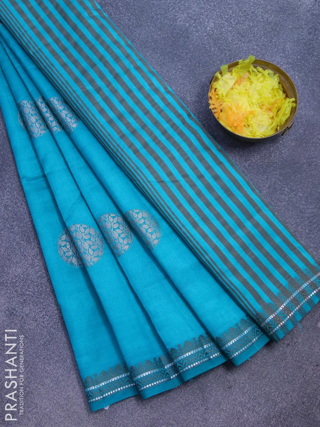 Semi raw silk saree teal blue with thread & silver zari woven buttas and woven border