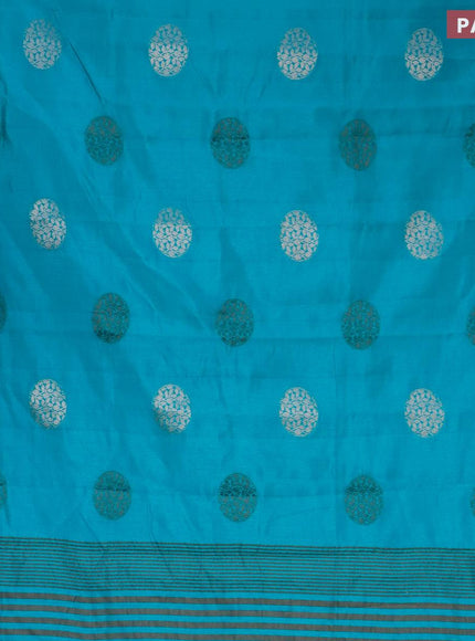 Semi raw silk saree teal blue with thread & silver zari woven buttas and woven border