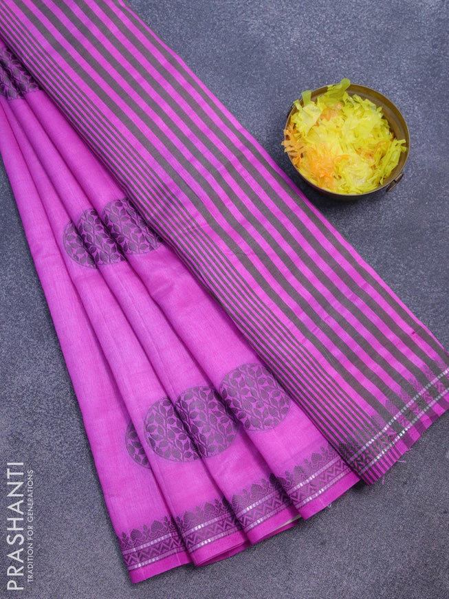 Semi raw silk saree pink with thread & silver zari woven buttas and woven border