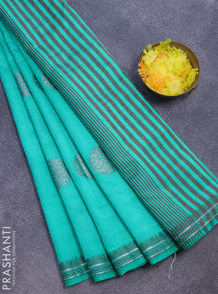 Semi raw silk saree teal green with thread & silver zari woven buttas and woven border