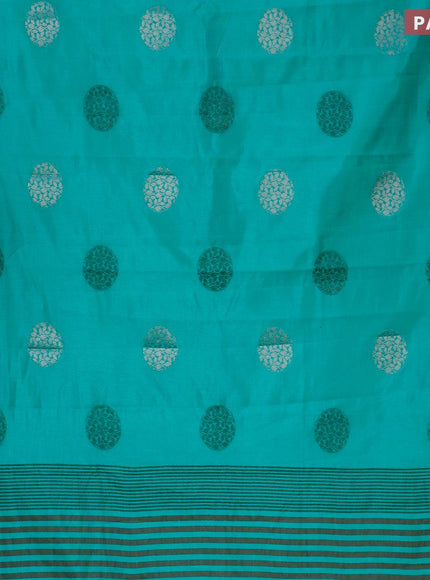 Semi raw silk saree teal green with thread & silver zari woven buttas and woven border