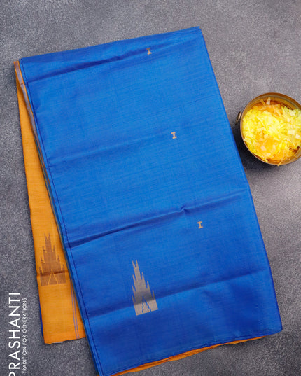 Banana pith saree royal blue and orange with thread woven buttas in borderless style with blouse