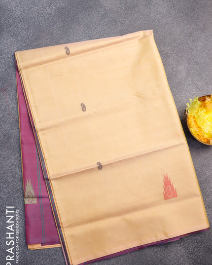 Banana pith saree dual shade of pale yellow and purple with thread woven buttas in borderless style with blouse