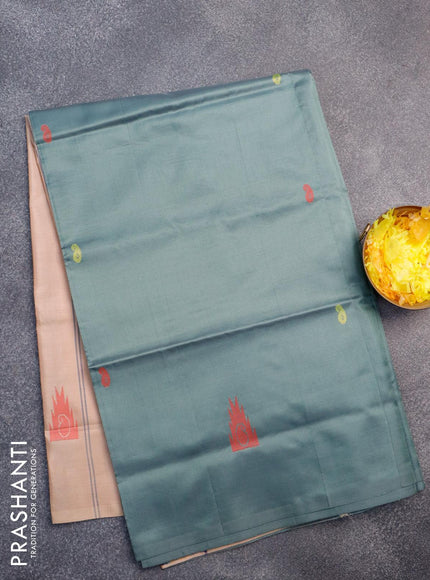 Banana pith saree pastel green and pasteal peach with thread woven buttas in borderless style with blouse