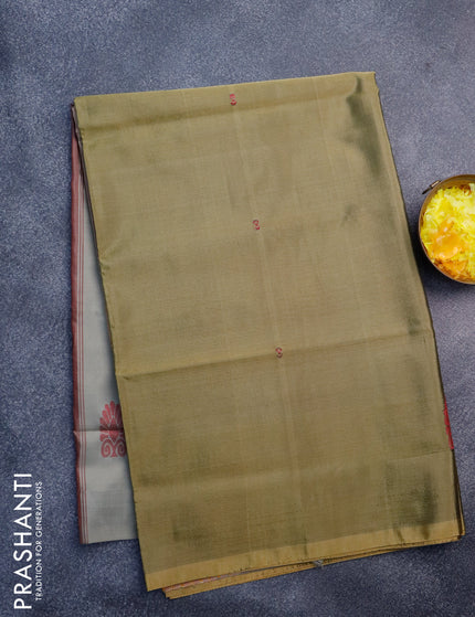 Banana pith saree dark mehendi green and grey with thread woven buttas in borderless style with blouse