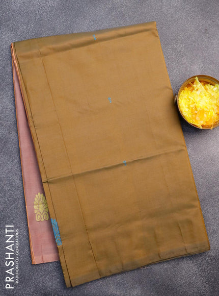 Banana pith saree dark mustard and pastel peach shade with thread woven buttas in borderless style with blouse