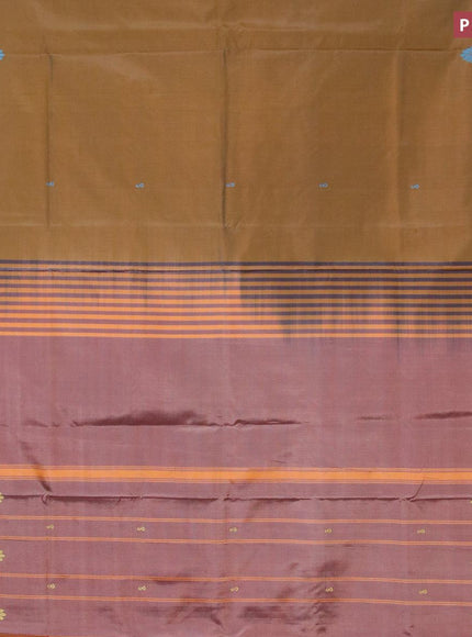 Banana pith saree dark mustard and pastel peach shade with thread woven buttas in borderless style with blouse