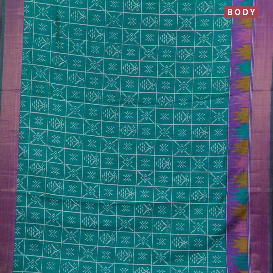 Semi tussar saree teal blue and dual shade of purple with allover ikat weaves and temple design zari woven border