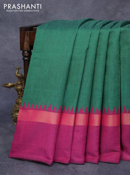 Dupion silk saree green and magenta pink with plain body and temple design zari woven simple border