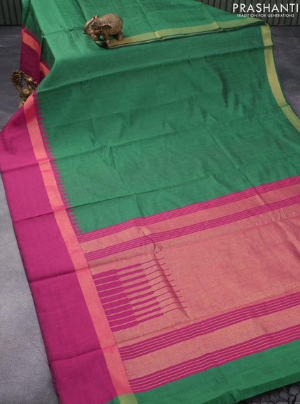 Dupion silk saree green and magenta pink with plain body and temple design zari woven simple border