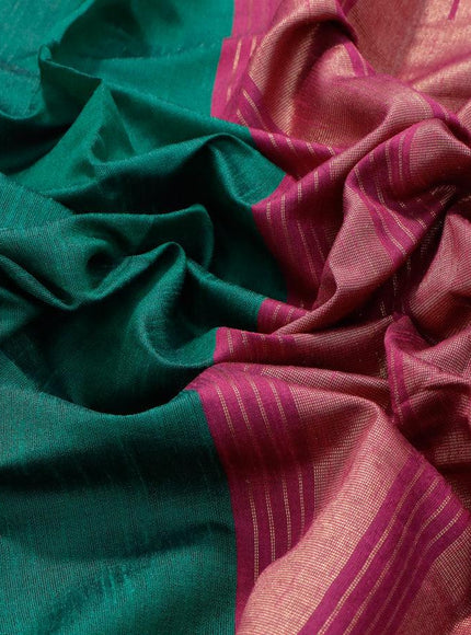 Dupion silk saree green and magenta pink with plain body and temple design zari woven simple border