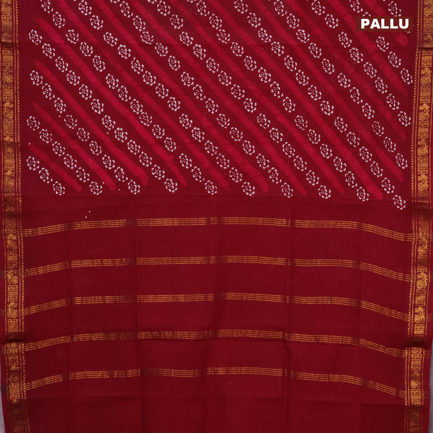 Sungudi cotton saree maroon with allover batik prints and annam zari woven border without blouse