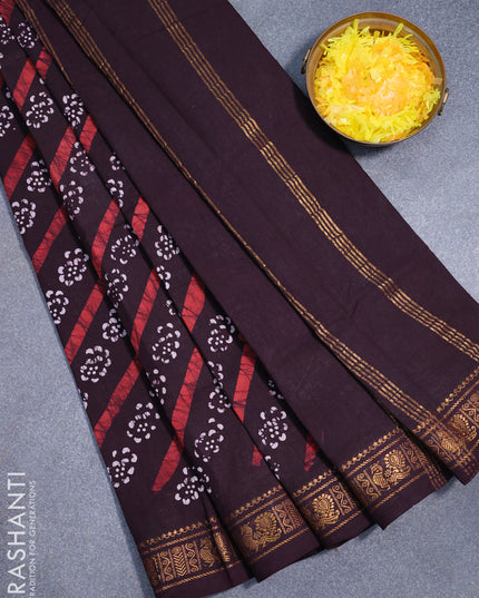 Sungudi cotton saree coffee brown with allover batik prints and annam zari woven border without blouse