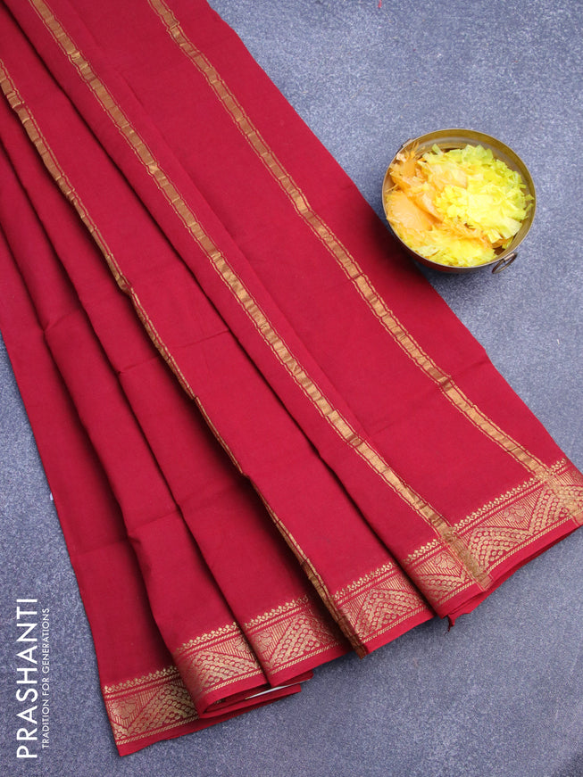 Sungudi cotton saree maroon with plain body and zari woven border without blouse