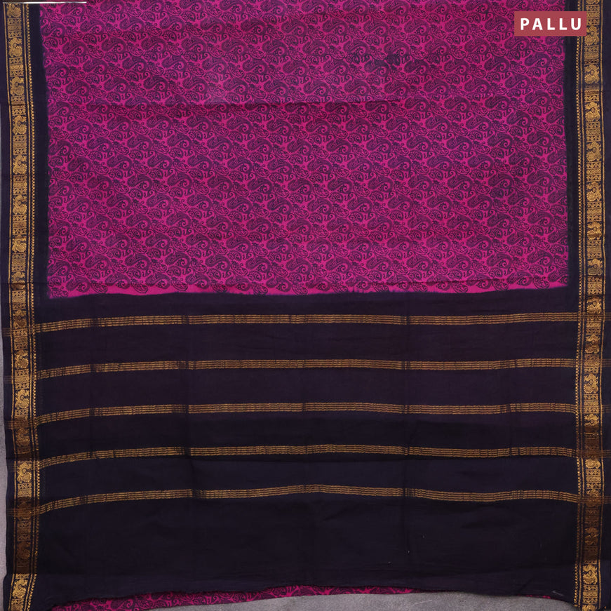 Sungudi cotton saree magenta pink and navy blue with allover paisley prints and annam zari woven border without blouse