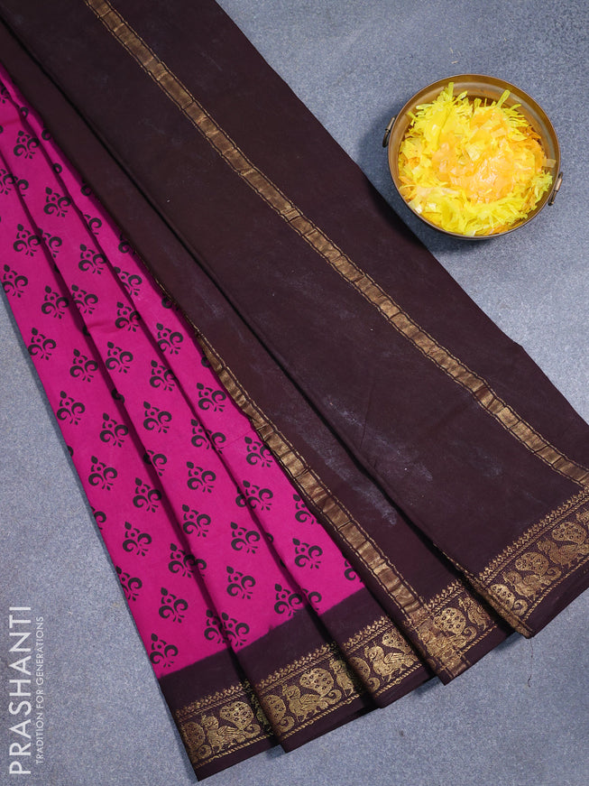 Sungudi cotton saree magenta pink and deep jamun shade with allover prints and annam zari woven border without blouse