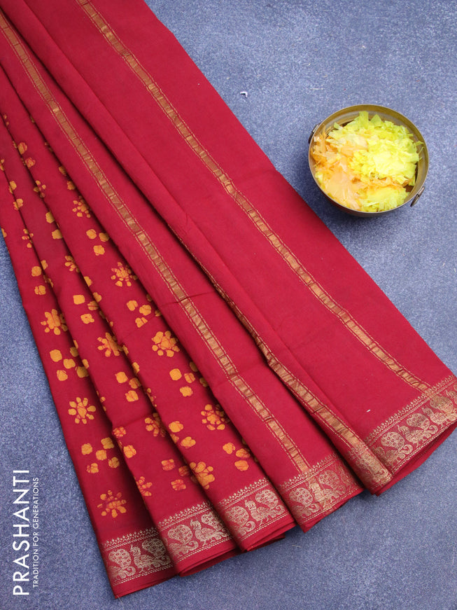 Sungudi cotton saree maroon with batik butta prints and annam zari woven border without blouse