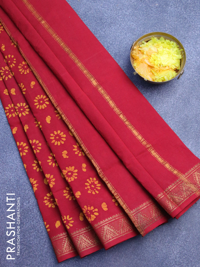 Sungudi cotton saree maroon with allover butta prints and zari woven border without blouse