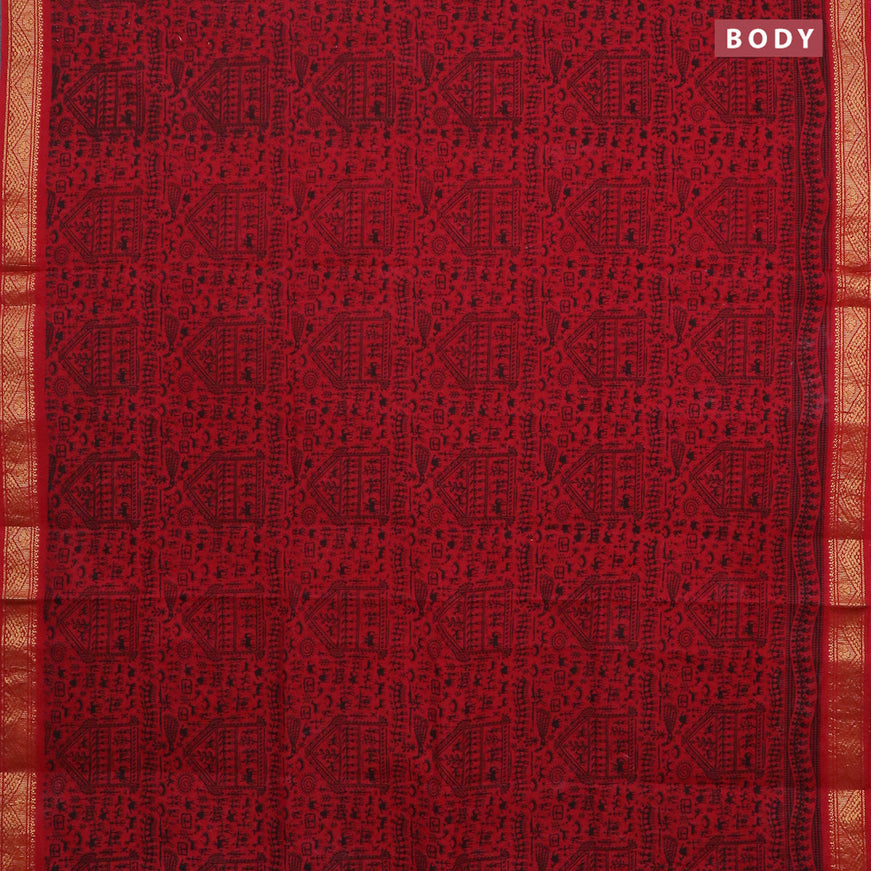 Sungudi cotton saree maroon with allover warli prints and zari woven border without blouse