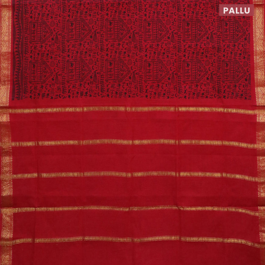 Sungudi cotton saree maroon with allover warli prints and zari woven border without blouse