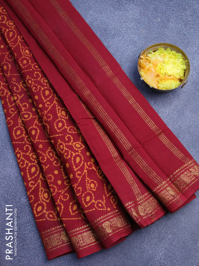 Sungudi cotton saree maroon with allover bandhani prints and annam zari woven border without blouse