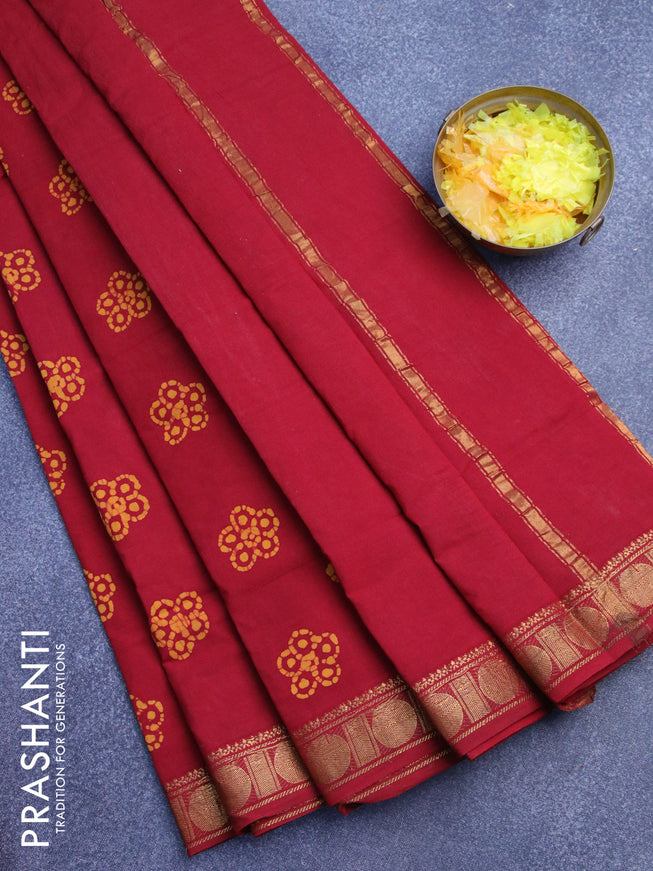 Sungudi cotton saree maroon with bandhani butta prints and rudhraksha zari woven border without blouse