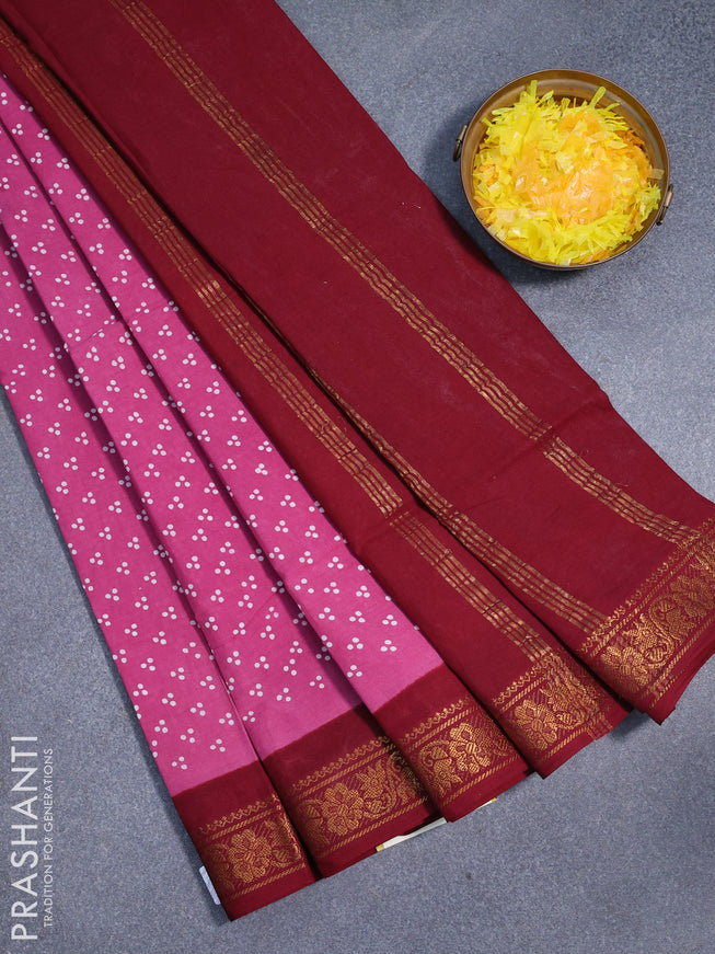 Sungudi cotton saree light pink and maroon with allover polka dots prints and floral design zari woven border without blouse