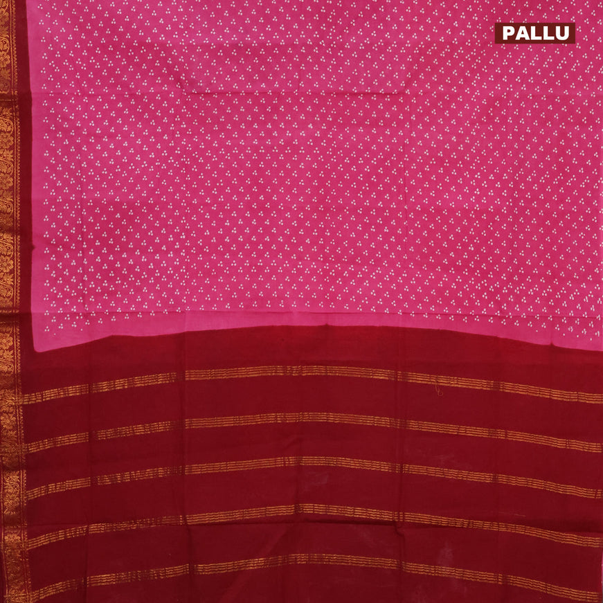 Sungudi cotton saree light pink and maroon with allover polka dots prints and floral design zari woven border without blouse