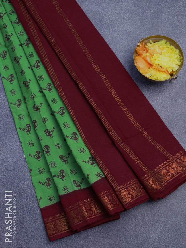 Sungudi cotton saree light green and maroon with allover butta prints and annam zari woven border without blouse