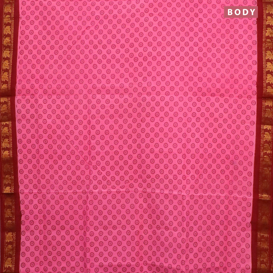 Sungudi cotton saree light pink and maroon with allover butta prints and rudhraksha zari woven border without blouse