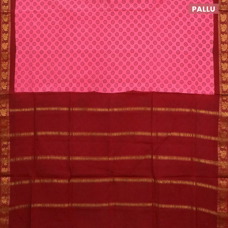 Sungudi cotton saree light pink and maroon with allover butta prints and rudhraksha zari woven border without blouse