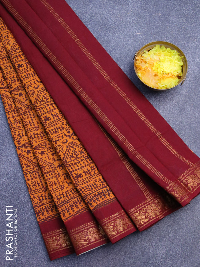Sungudi cotton saree mango yellow and maroon with allover warli prints and annam zari woven border without blouse