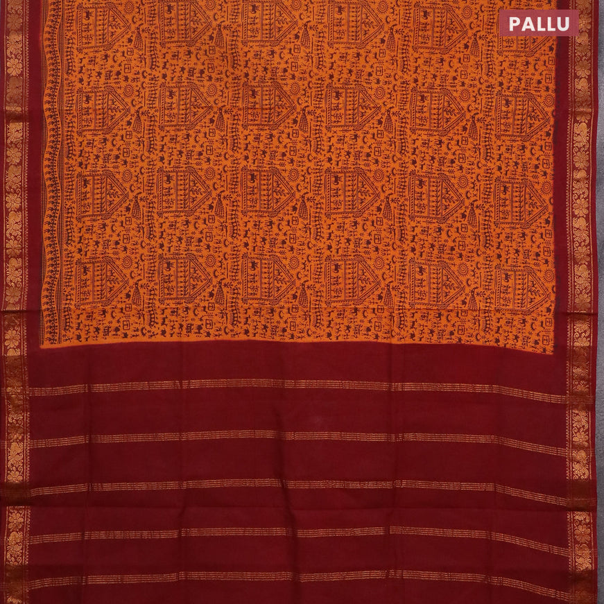 Sungudi cotton saree mango yellow and maroon with allover warli prints and annam zari woven border without blouse