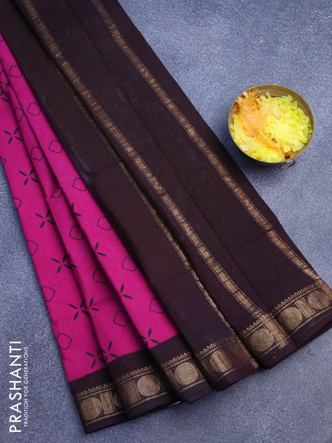 Sungudi cotton saree magenta pink and deep jamun shade with butta prints and rudhraksha zari woven border without blouse